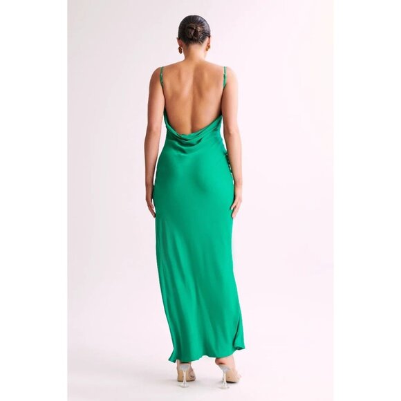 NWT MESHKI Jade Green Satin Cowl Neck Backless Maxi Slip Dress, Size XS - Picture 5 of 14